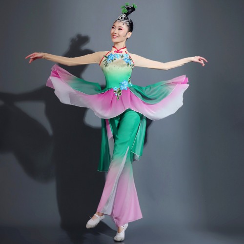 Women Green With pink  Chinese folk dance costumes ancient traditional classical dance dresses umbrella fan yangge dance dress for Girls